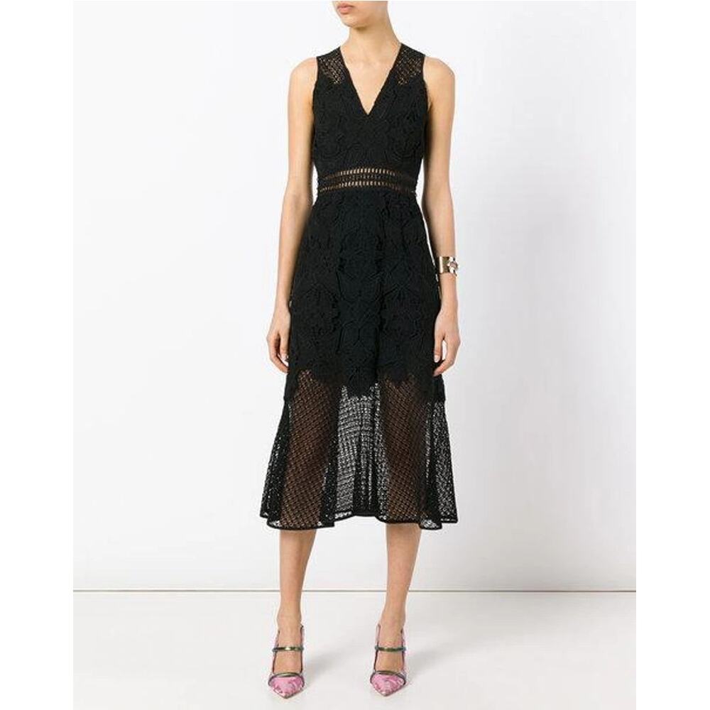 Jonathan Simkhai Black Lace & Crochet Corded Fluted Midi Dress, Sz 0 NWT